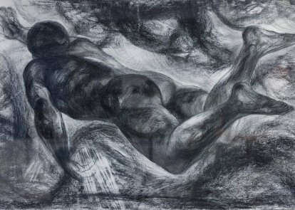 A monochrome artwork depicts a muscular, nude human figure floating or falling amidst swirling, textured lines and shadows. The figure is shown from the backside, extending one arm upward and bending one leg. The scene evokes a sense of motion and abstraction.