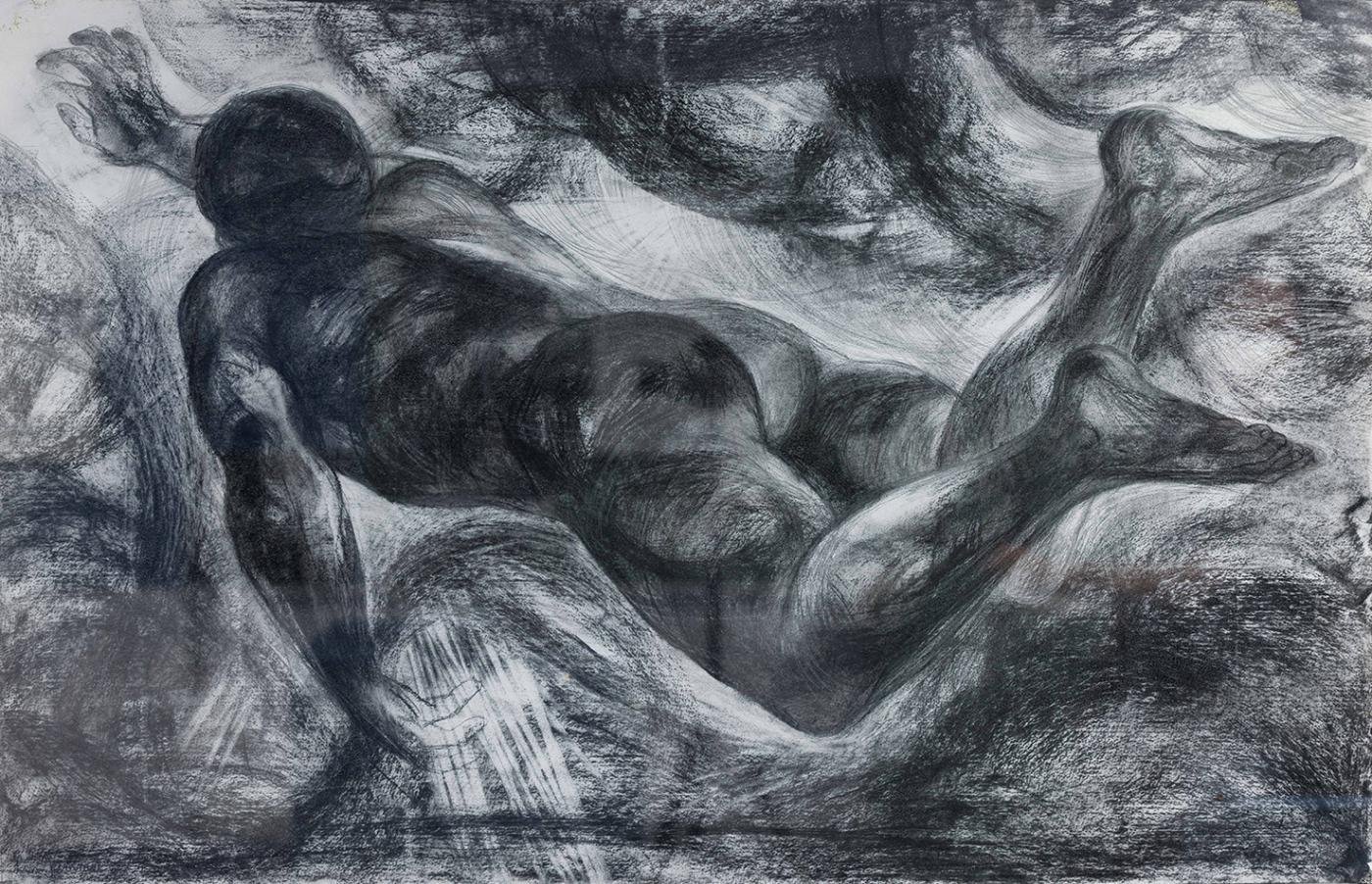 A monochrome artwork depicts a muscular, nude human figure floating or falling amidst swirling, textured lines and shadows. The figure is shown from the backside, extending one arm upward and bending one leg. The scene evokes a sense of motion and abstraction.