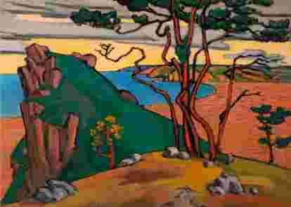 A bold, stylised landscape painting titled Studland Bay(1911) by Roger Fry. The scene features dramatic rocky cliffs and windswept trees overlooking a vibrant red-orange sea. In the foreground, tall, twisted trees with red-brown trunks rise from a patchy, ochre-toned ground scattered with grey rocks. To the left, a jagged green cliff descends into the sea, contrasting with the deep blue water and the warm tones of the sky and sea. The sky is painted in soft shades of yellow, orange, and grey, suggesting a dramatic sunset or sunrise.